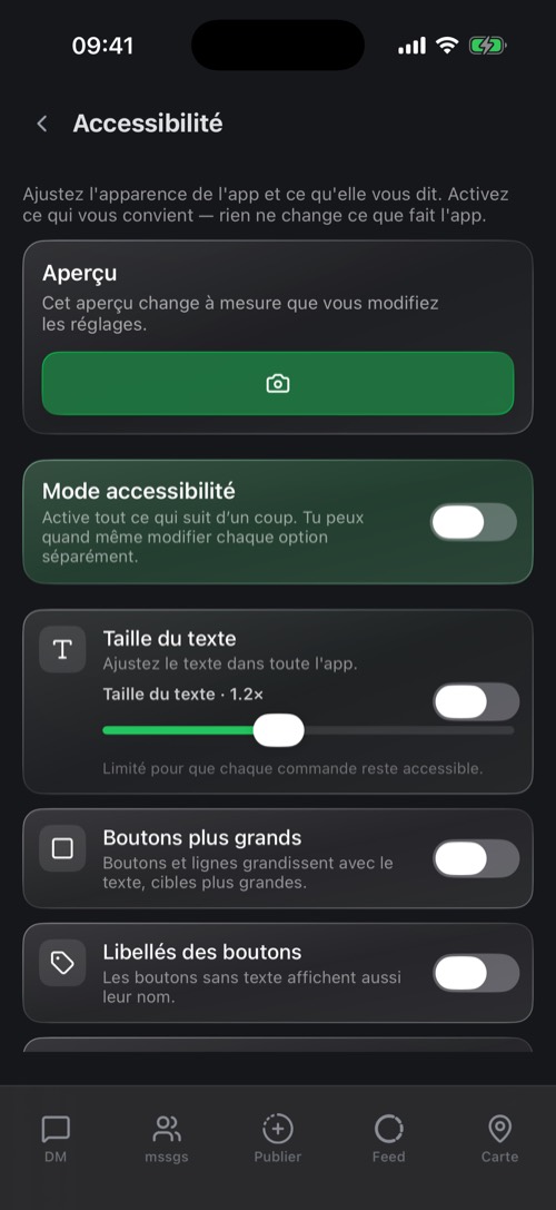 Les réglages Accessibilité avec un aperçu en direct et un curseur de taille du texte
