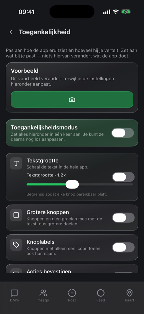 De instellingen voor Toegankelijkheid met een live voorbeeld en een schuifregelaar voor de tekstgrootte