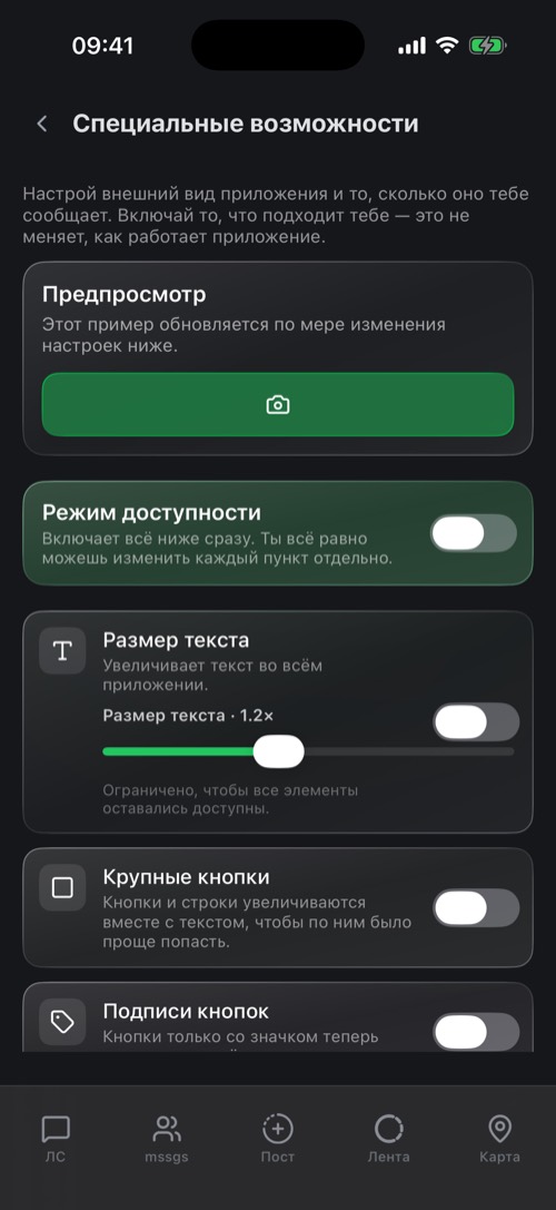Настройки специальных возможностей с живым предпросмотром и ползунком размера текста