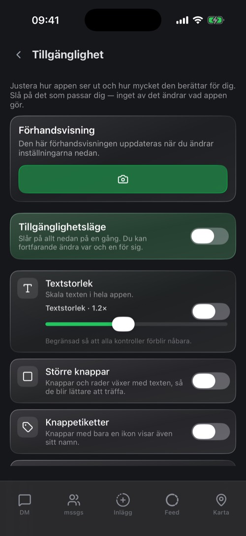 Tillgänglighetsinställningarna med förhandsvisning och reglage för textstorlek