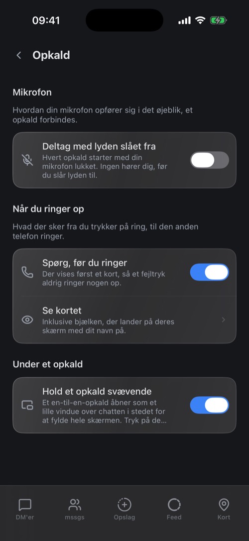 Opkaldsindstillingerne: deltag med lyden slået fra, spørg før du ringer, hold et opkald svævende