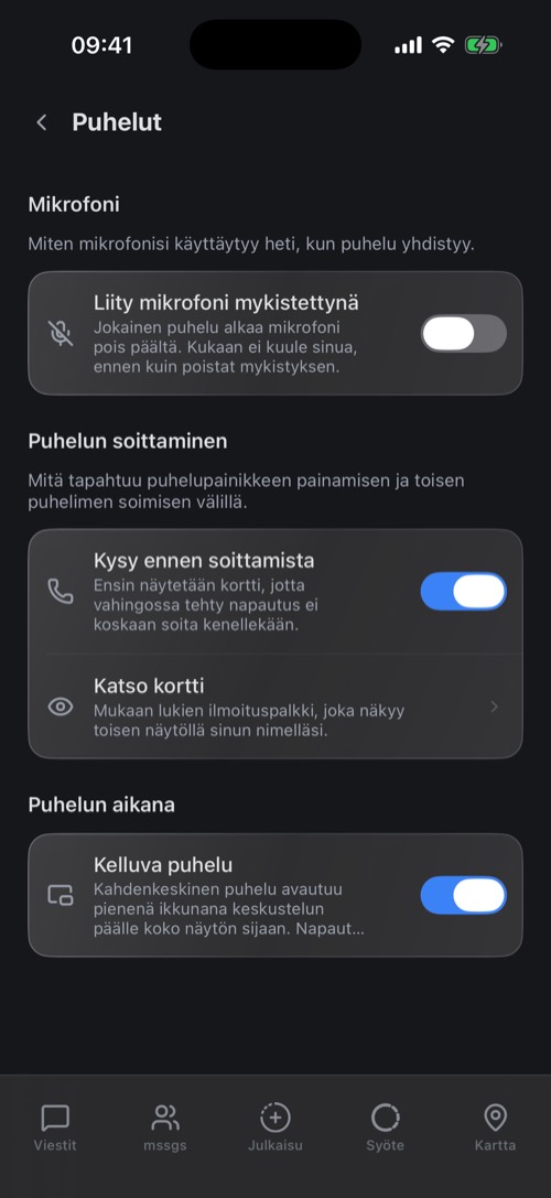 Puheluasetukset: liity mikrofoni mykistettynä, kysy ennen soittamista, kelluva puhelu