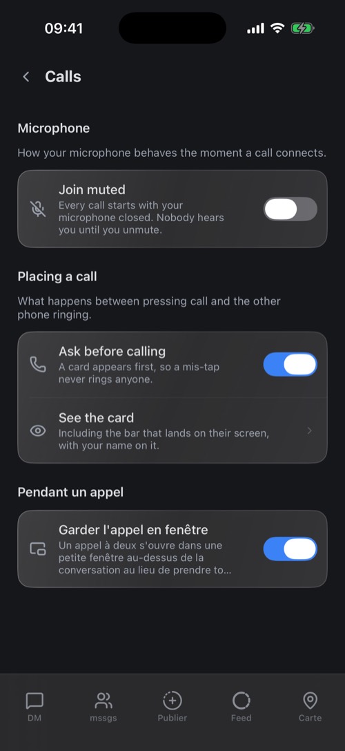Les réglages des appels : rejoindre en muet, demander avant d'appeler, garder l'appel en fenêtre