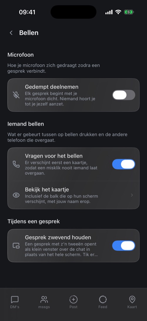 De instellingen voor Bellen: gedempt deelnemen, vragen voor het bellen, gesprek zwevend houden