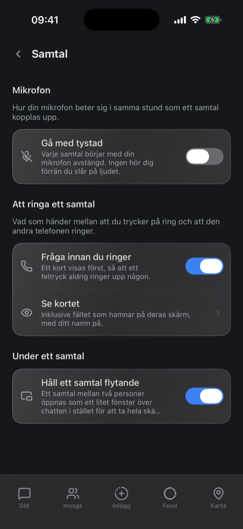 Samtalsinställningarna: gå med tystad, fråga innan du ringer, håll ett samtal flytande