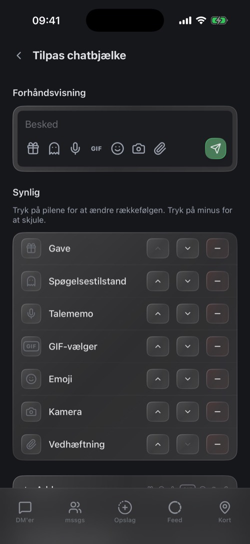 Skærmen Tilpas chatbjælke med synlige og skjulte knapper