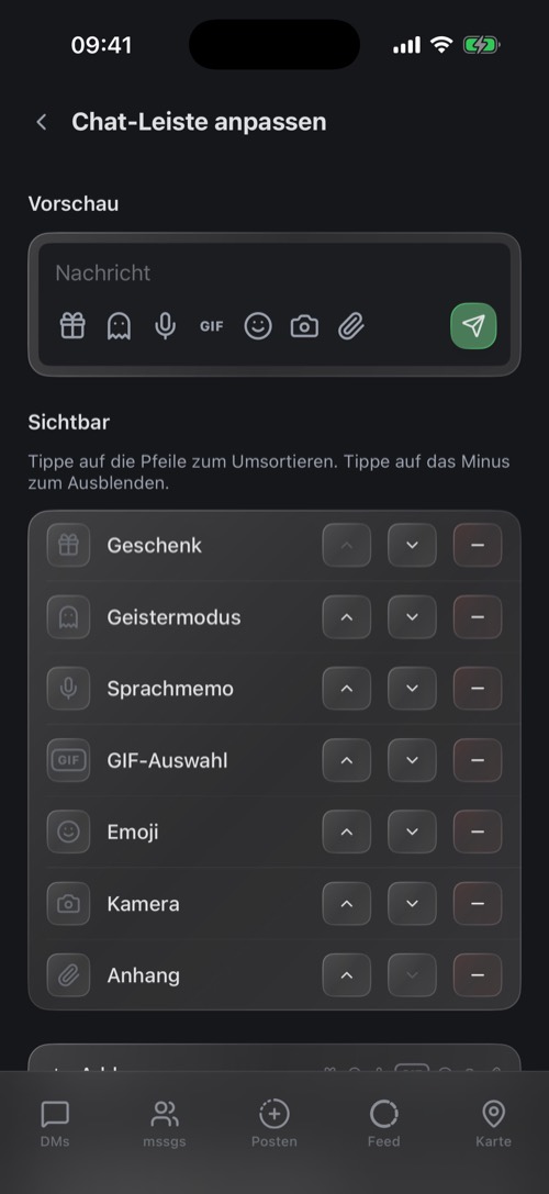 Der Bildschirm Chat-Leiste anpassen mit sichtbaren und ausgeblendeten Buttons