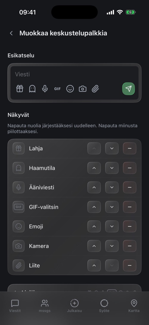 Keskustelupalkin muokkausnäkymä, jossa on näkyvät ja piilotetut painikkeet