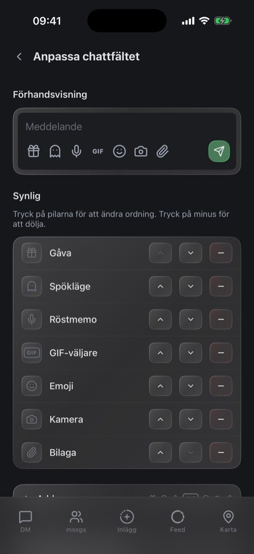 Skärmen Anpassa chattfältet med synliga och dolda knappar