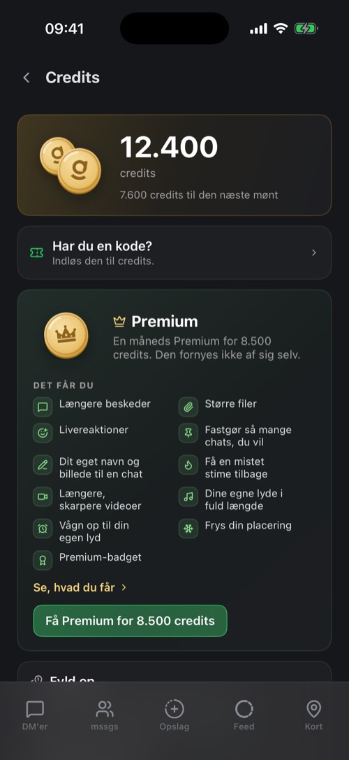 Credits-indstillingerne med en saldo, indløsning af en kode og Premium-kortet