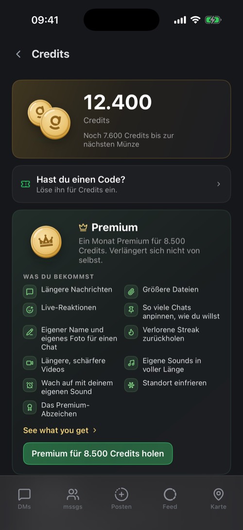 Die Credits-Einstellungen mit Guthaben, Code einlösen und der Premium-Karte