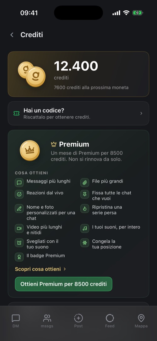 Le impostazioni Crediti con il saldo, il riscatto di un codice e la card Premium