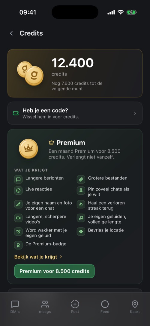 De instellingen voor Credits met een saldo, een code inwisselen en de Premium-kaart