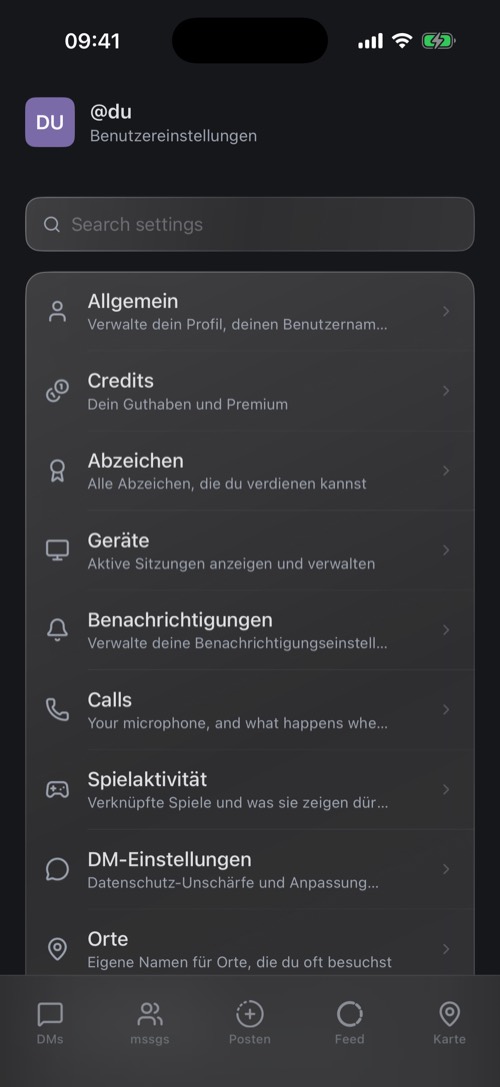 Der Bildschirm Einstellungen mit einer Suchleiste und einer Liste von Einstellungsbildschirmen