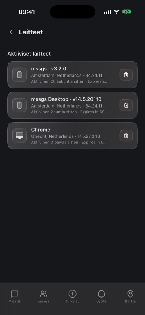 Laitteet-asetukset, joissa näkyvät iPhone, työpöytäsovellus ja selain