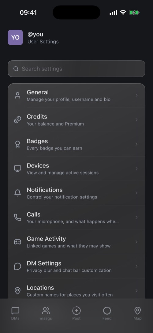 The Settings screen with a search bar and a list of settings screens