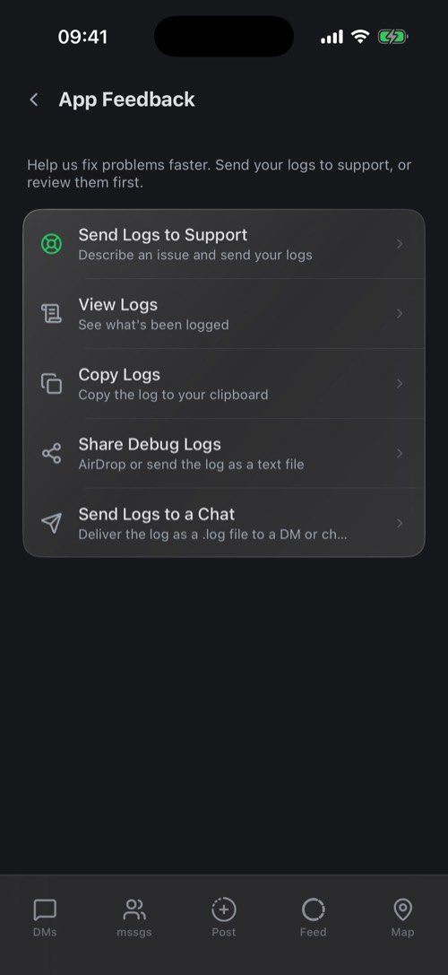 Ekran App Feedback z opcją Send Logs to Support