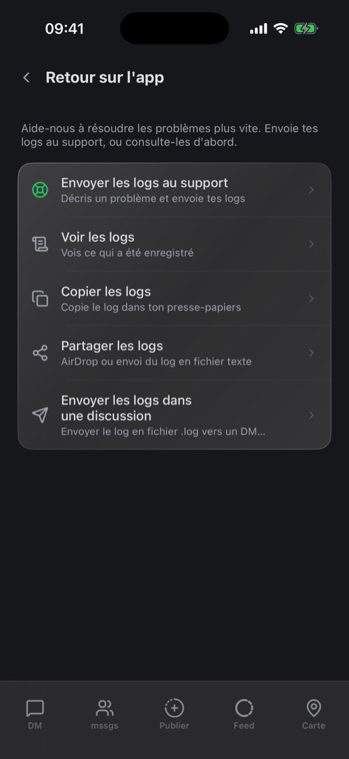 L’écran Retour sur l’app avec Envoyer les logs au support