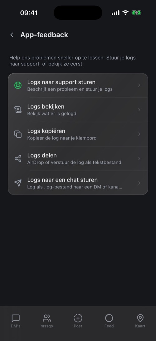 Het scherm App-feedback met Logs naar support sturen