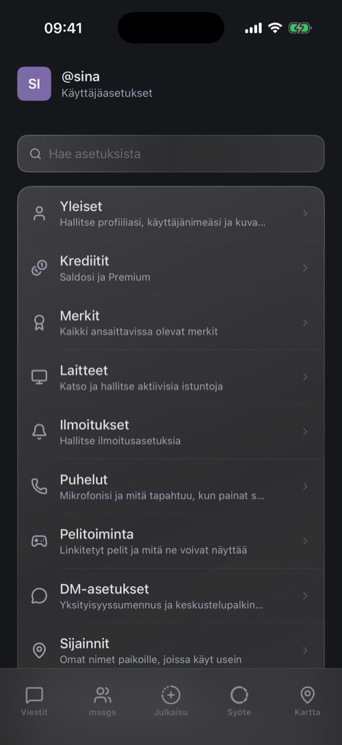 Asetukset-näkymä, jossa on hakukenttä ja lista asetusnäkymistä