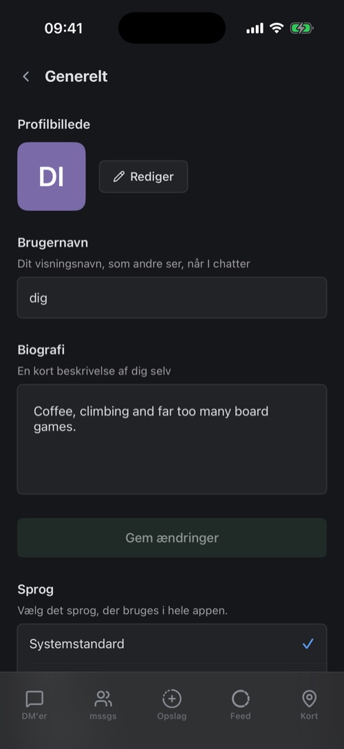 De generelle indstillinger med profilbillede, brugernavn og biografi