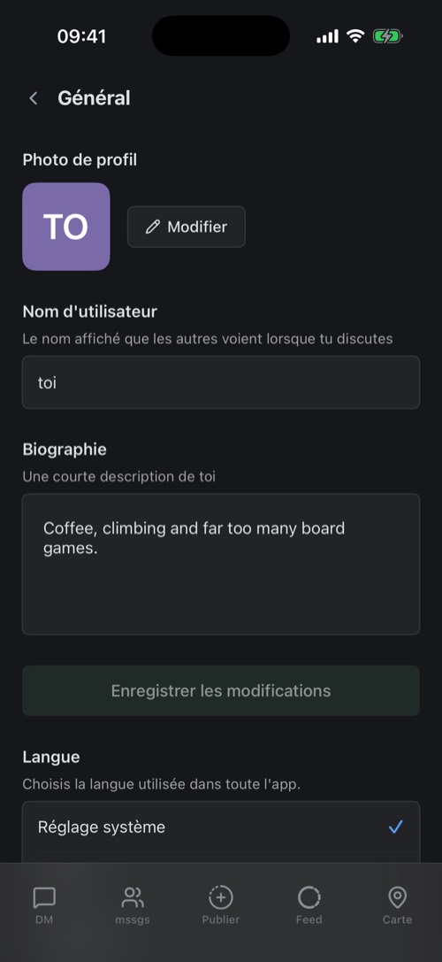 Les réglages Général avec la photo de profil, le nom d’utilisateur et la biographie