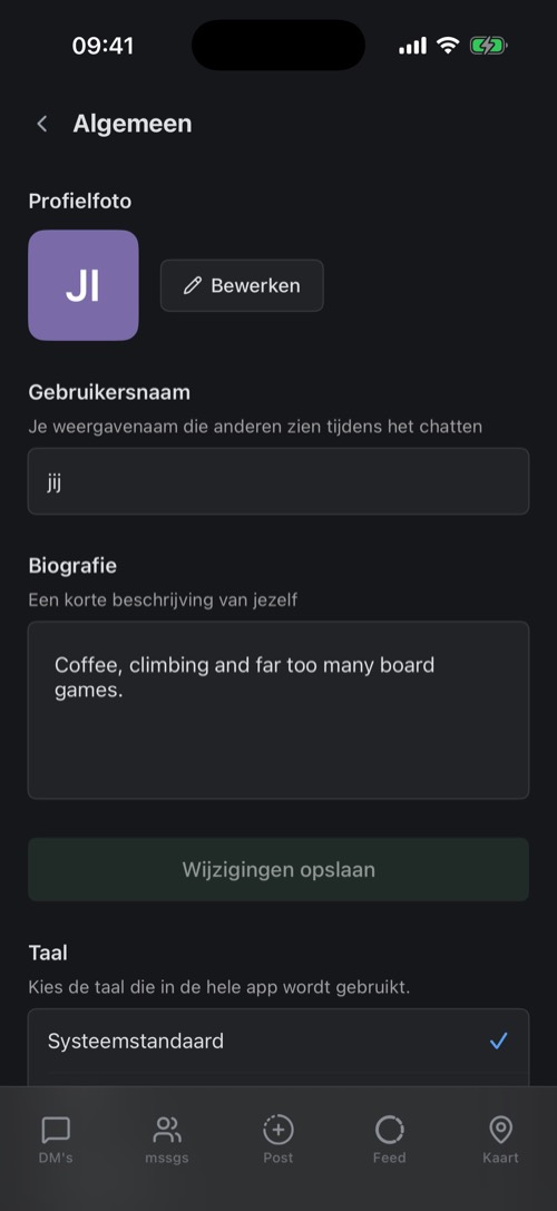 De instellingen voor Algemeen met profielfoto, gebruikersnaam en biografie