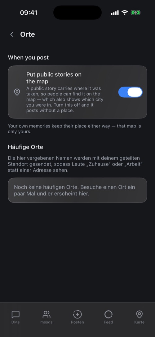 Die Einstellungen für Orte mit öffentlichen Storys auf der Karte und häufigen Orten