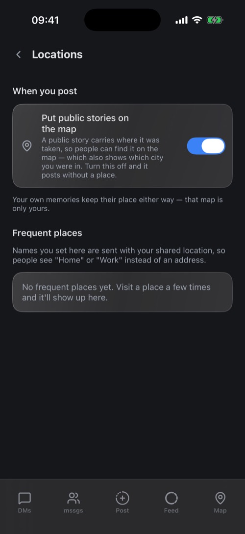 The Locations settings with public stories on the map and frequent places