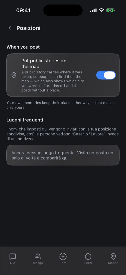 Le impostazioni Posizioni con le storie pubbliche sulla mappa e i luoghi frequenti