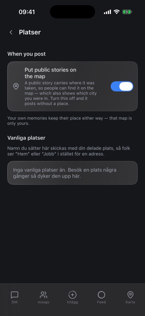 Platsinställningarna med offentliga stories på kartan och vanliga platser