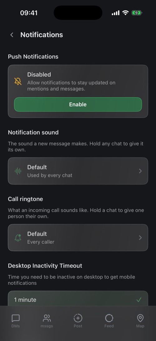Ustawienia Notifications ze stanem powiadomień push, dźwiękiem powiadomień i dzwonkiem