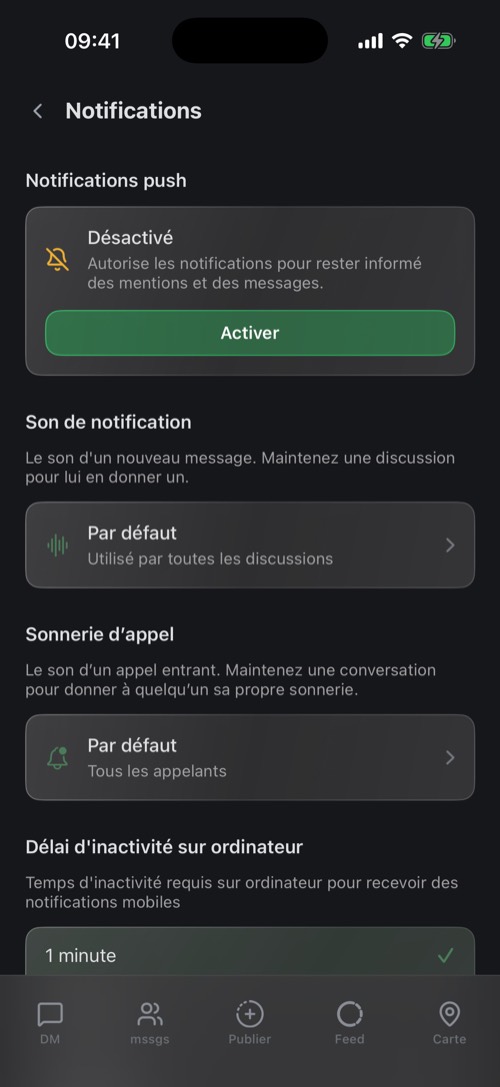 Les réglages Notifications avec l’état des notifications push, le son de notification et la sonnerie d’appel