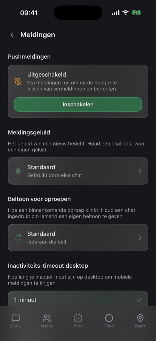 De instellingen voor Meldingen met de pushstatus, het meldingsgeluid en de beltoon voor oproepen