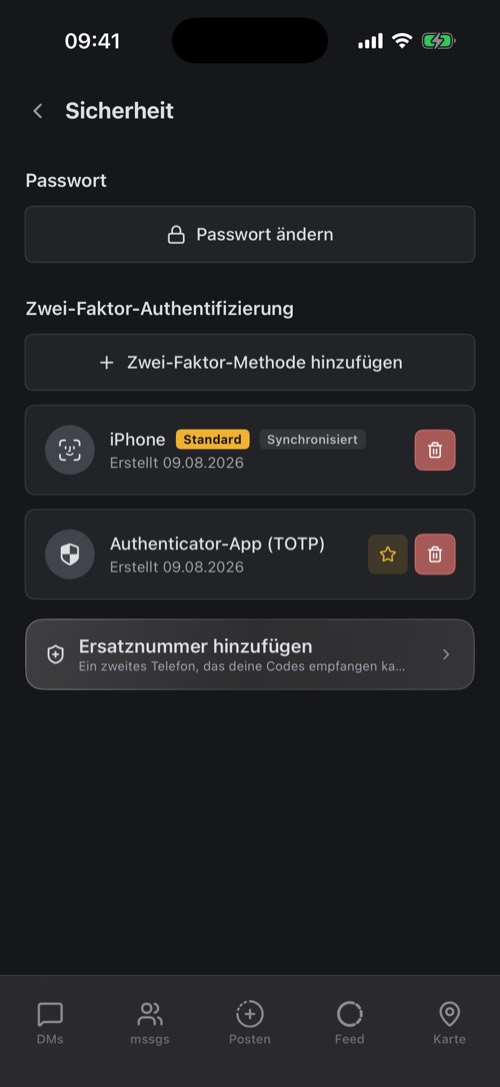 Die Sicherheitseinstellungen mit eingerichtetem Passkey und Authenticator-App