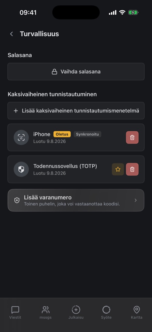 Turvallisuusasetukset, joissa on määritetty pääsyavain ja todennussovellus
