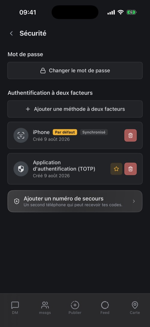 Les réglages Sécurité avec un passkey et une application d'authentification configurés