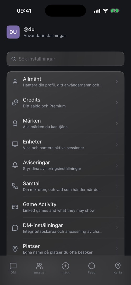 Skärmen Inställningar med ett sökfält och en lista över inställningsskärmar