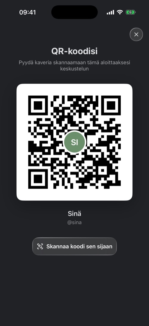 QR-koodisi-näkymä, jossa on henkilökohtainen QR-koodi