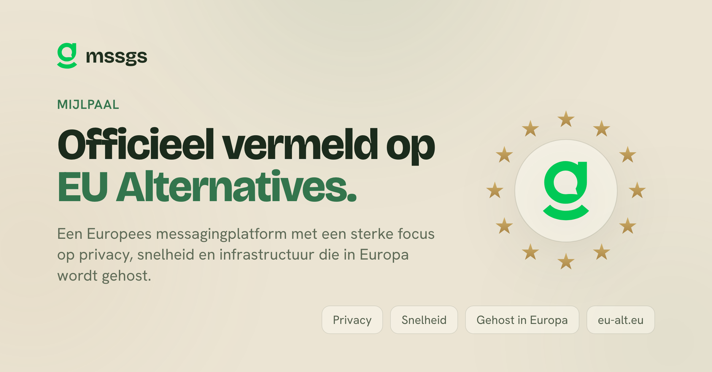 mssgs milestone graphic with the mssgs mark encircled by twelve gold stars and the Dutch words Officieel vermeld op EU Alternatives