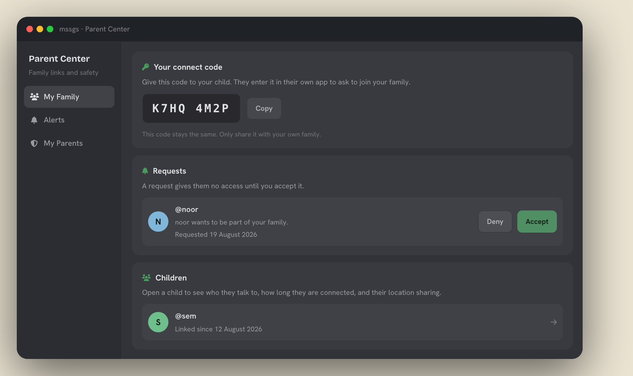 The Parent Center in mssgs, showing a connect code, a pending request and one linked child.