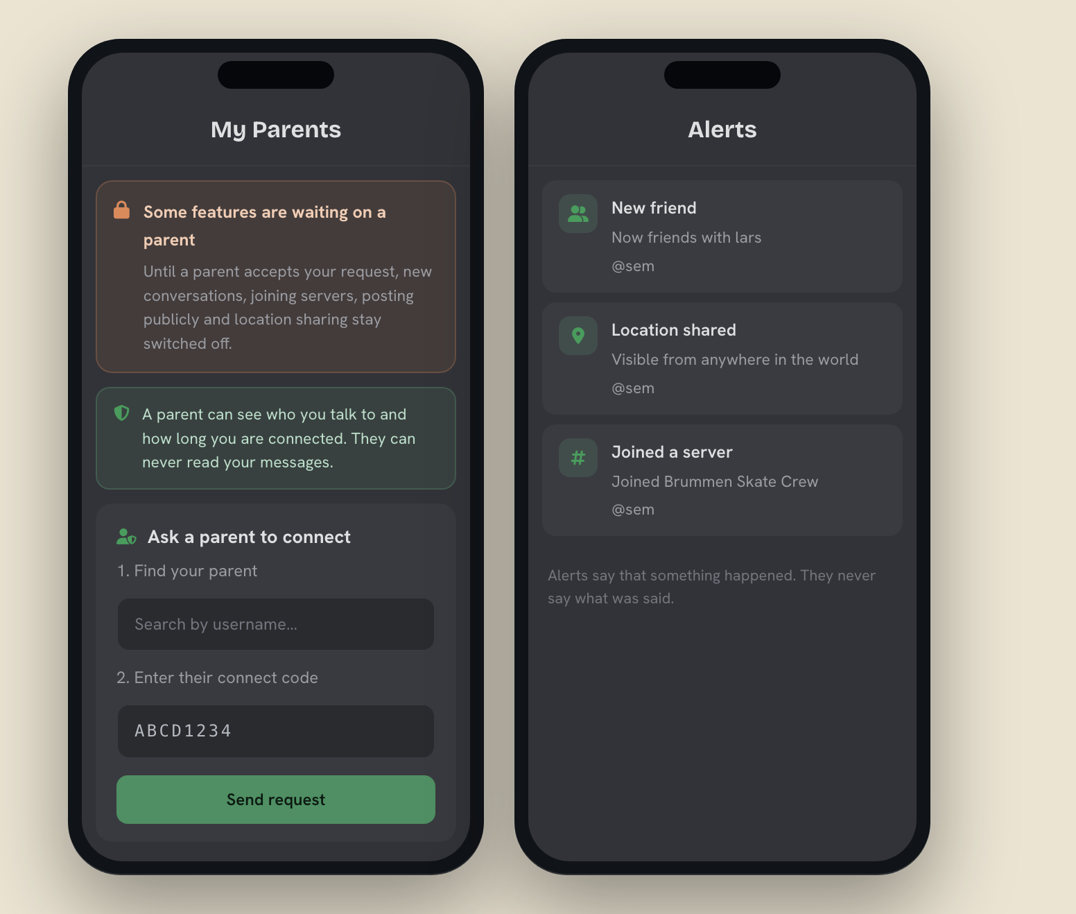The mssgs child screen explaining what a parent can see, next to the parent alerts list.
